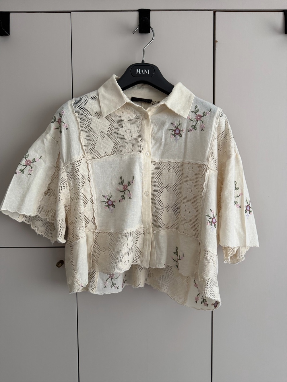 Zara Cream Embroidered Patchwork Button-Down Shirt